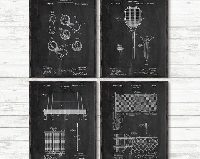 Tennis Patent Wall Art Set of 4, Tennis Racket & Court Prints, Vintage Tennis Ball Posters, Sports Decor for Tennis Lovers #P338