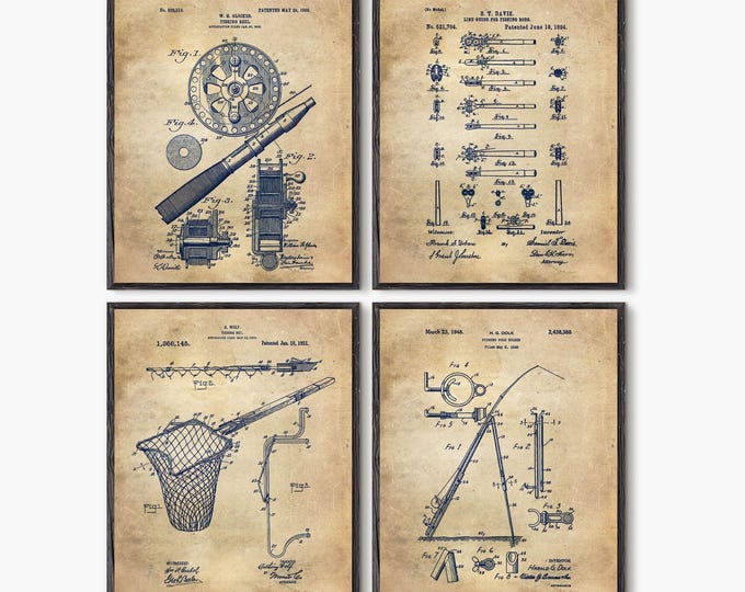 Fishing Patent Art Prints: Angling Decor, Set of 4