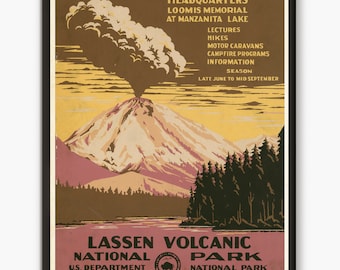 National Park poster, Lassen Volcanic, Travel poster, vintage print