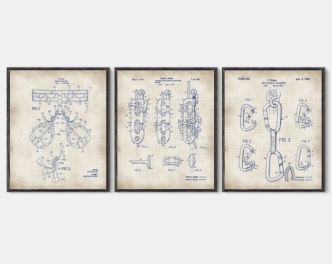 Patent Print Set of 3 Climbing prints, Rock Climber Decor | Mountain Lover Gift | Climber Wall Art | Set of 3 Prints | Mountain Climbing