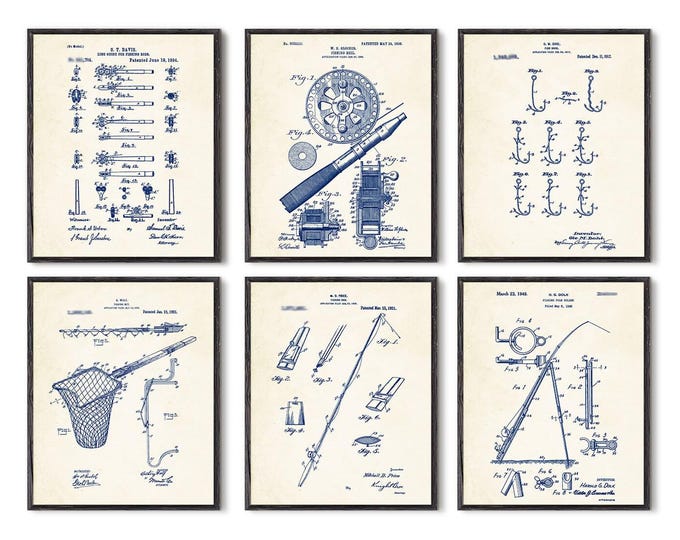 Set of 6 prints, Fishing art Fishing Fishing decor Fishing reel Fishing gift Fishing rod Fishing gifts Fishing equipment Fishing net #P28
