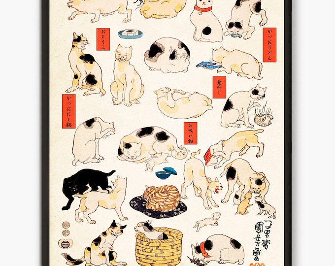 Japanese cats print decor , Utagawa Kuniyoshi NeKo cats print, cat lover gifts Japanese decor