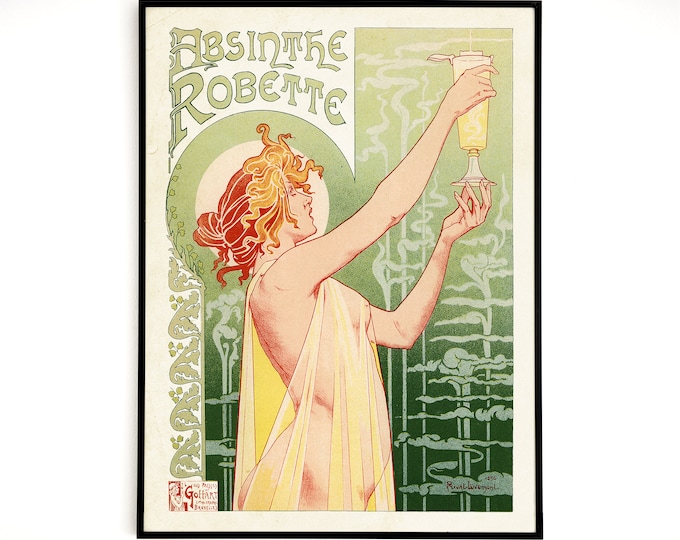 Absinthe Robette Fountain art nouveau poster, Absinthe Alcohol advert Vintage poster, Vintage 1896 Liqueur Poster Print