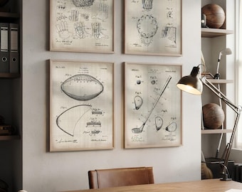 Juego de 4 láminas con diseños vintage de patentes deportivas: póster deportivo con planos para decoración del hogar.