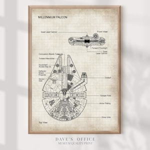 May include: A framed technical blueprint print of the Millennium Falcon on a beige grid background. The diagram displays a top view and front view with labels including Quad Laser Cannon, Cockpit, Escape Pods, and Armor Plating in black ink.