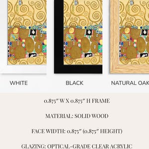 three different frames, each with a unique color and material. The frames are white, black, and natural oak. The frames are made of solid wood and have a glazing of optical-grade clear acrylic.