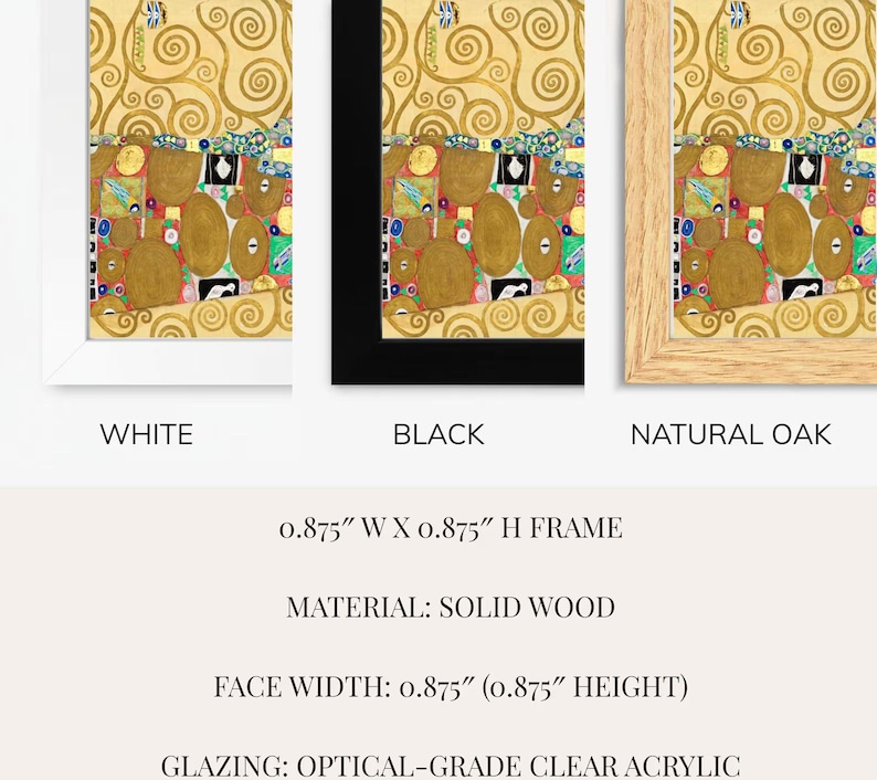 three different frames, each with a unique color and material. The frames are white, black, and natural oak. The frames are made of solid wood and have a glazing of optical-grade clear acrylic.