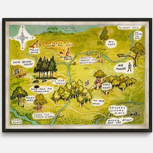 Carte de Winnie l'ourson, chambre de bébé Winnie l'ourson, ourson classique, impression sur bois 100 acres, carte en bois de 100 acres, oeuvre d'art pour chambre d'enfant, décoration de salle de jeux