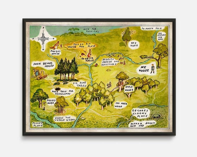 Winnie The Pooh map, Winnie pooh Nursery, Classic pooh, Hundred Acre Wood Print, 100 Acre Wood Map, Childrens Bedroom Art, Playroom Decor