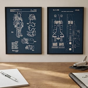 NASA Space suit Blueprint Poster Set of 2 Prints: Shuttle Boys Room Decor
