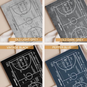 Op de afbeelding: Vier basketbalveld diagrammen in verschillende kleuren: oud lichtgrijs, oud donkergrijs, vintage zwart en peperblauw. Elk diagram bevat de tekst "THE COURT" en de kleurnaam.