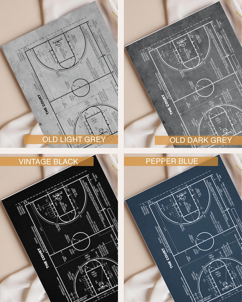 Op de afbeelding: Vier basketbalveld diagrammen in verschillende kleuren: oud lichtgrijs, oud donkergrijs, vintage zwart en peperblauw. Elk diagram bevat de tekst "THE COURT" en de kleurnaam.