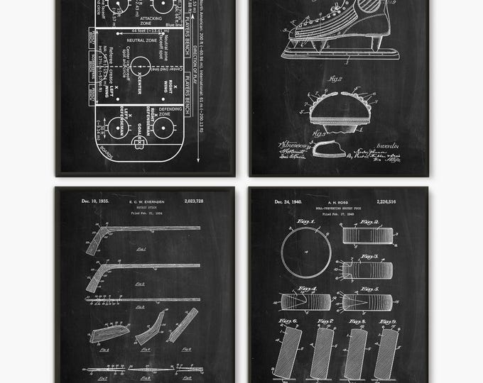 Ice Hockey Patent Print Set Of 4, Sport Poster, Ice Hockey Rink ,Hockey Patent, Ice Hockey Rink, Puck, Dorm Room Decor #P343
