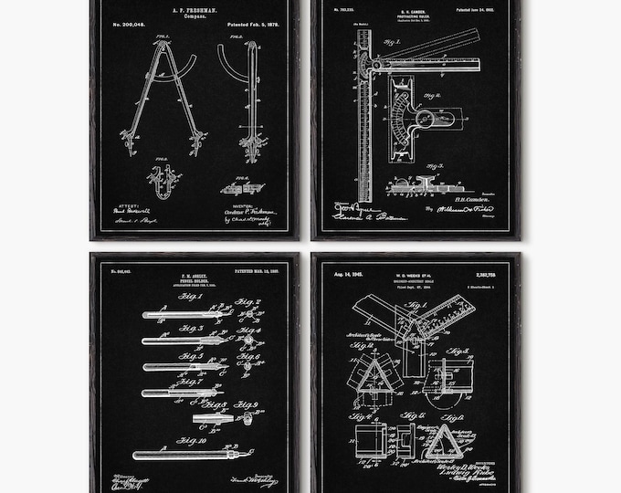 Architectural prints Set of 4 prints Architectural drawings, Ruler Compass Pencil holder Gift for architect Architect scale #P108