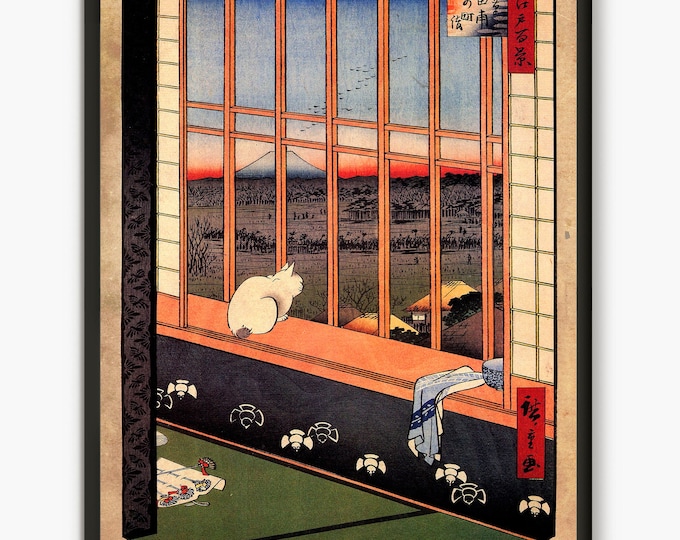 Ukiyo-e Japanese decor, Cats wall art Hiroshige woodblock print, Japanese Hiroshige art, Asakusa Ricefields And Torinomachi Festival 1857