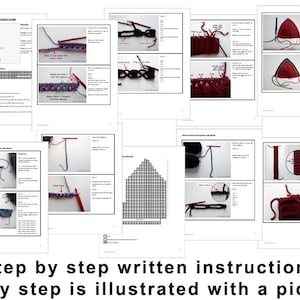 May include: Step-by-step instructions with pictures for crocheting a hooded scarf. The instructions include diagrams and close-up photos of the stitches.
