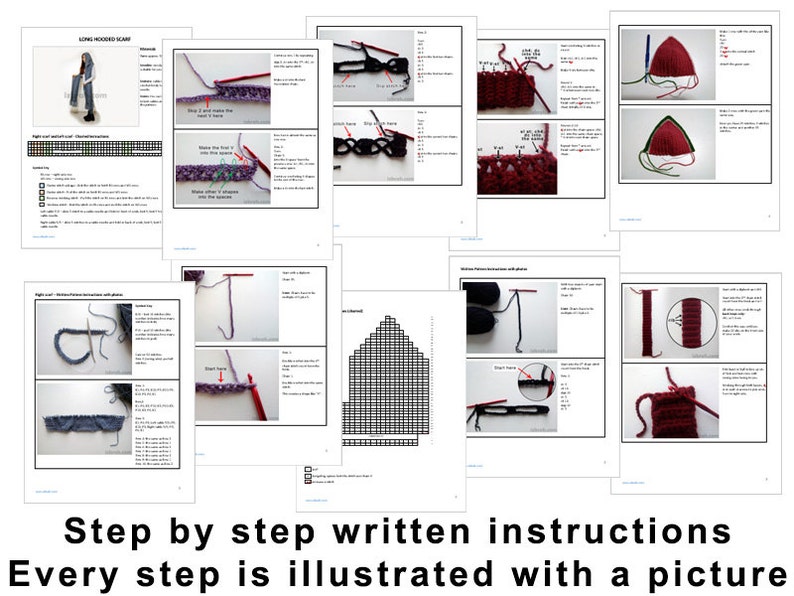 May include: Step-by-step instructions with pictures for crocheting a hooded scarf. The instructions include diagrams and close-up photos of the stitches.