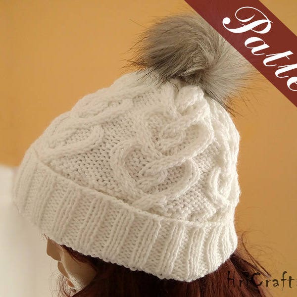 Knitting pattern hat, Winter hat women pattern, Knit hat, Cable hat Pompom beanie Tutorial women hat Pompom hat Knitted beanie pattern Heart