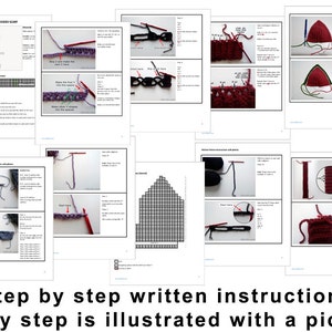 May include: A set of instructions for knitting a long hooded scarf. Each step is illustrated with a picture. The instructions include a chart for the stitch pattern.