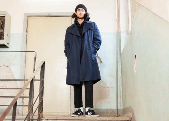 Man Trench Coat . Navy Blue Vintage Trench Coat Ma