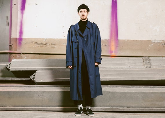 Navy Blue Trench Coat . Vintage 80s Men's Double B