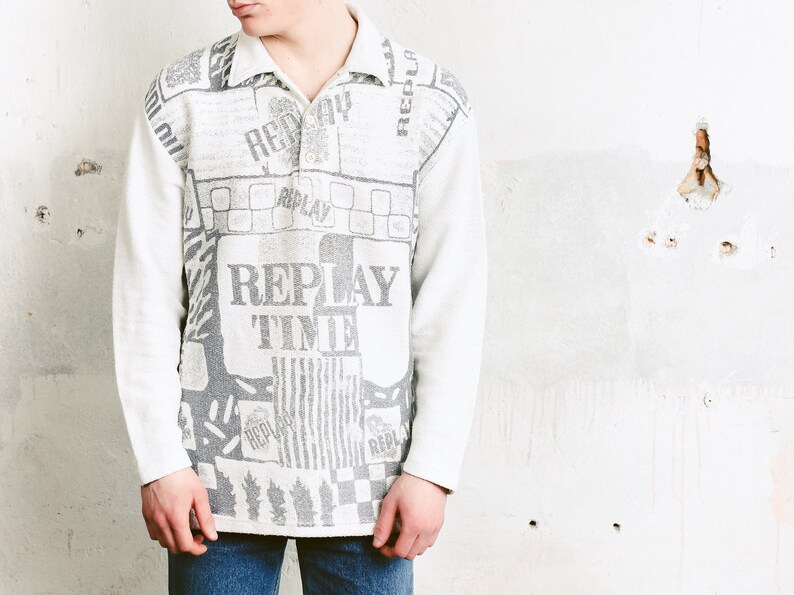 size Large Vintage Men 90s Grey Sports Sweater Long Sleeve Polo Shirt Men Printed Pullover Top Monochrome Rugby Sweatshirt