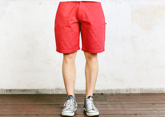 red jean shorts mens