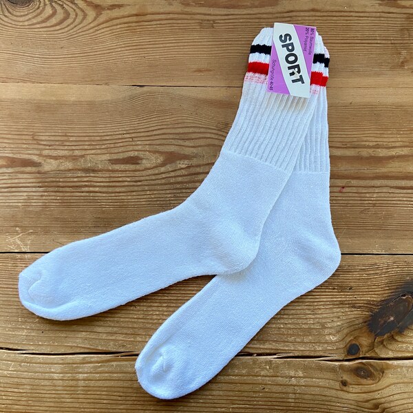 Vintage jaren '90 herensokken. Vintage Desdctock NOS Sokken Witte Tube Sokken met Stripes 80s Sports Socks Athletic Socks sz Eur 40 - 45 US 7 - 11
