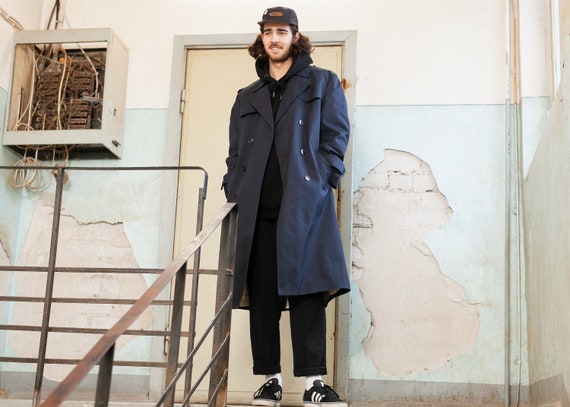 Vintage Trench Coat . Navy Blue Men's Trench Coat