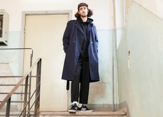 Navy Blue Detective Coat . Vintage Trench Coat Man