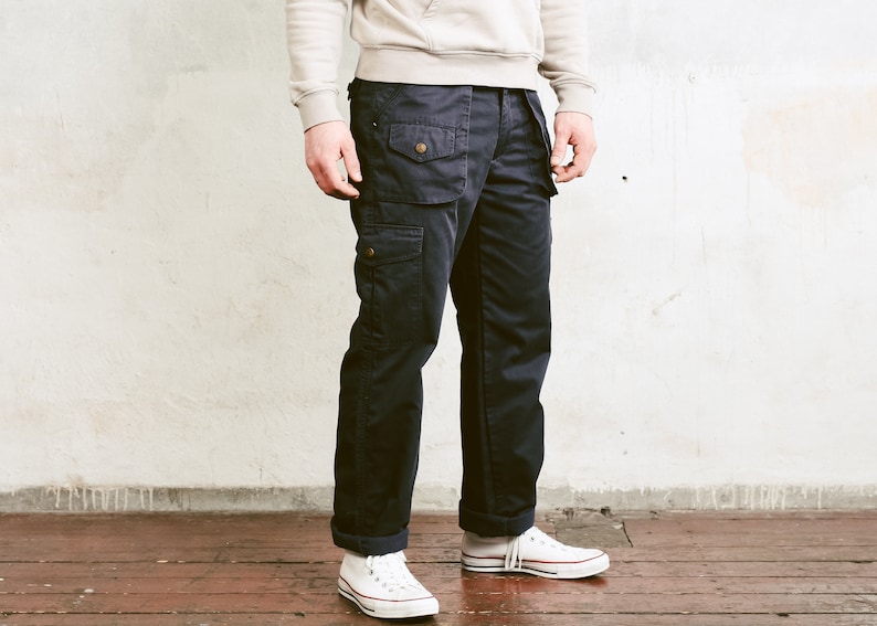 size Large 50 Men/'s Cargo Trousers Tapered Pants Nerd Pants Relaxed Casual Bottoms Work Pants 90s Dark Blue Utility Pants