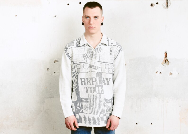 size Large Vintage Men 90s Grey Sports Sweater Long Sleeve Polo Shirt Men Printed Pullover Top Monochrome Rugby Sweatshirt