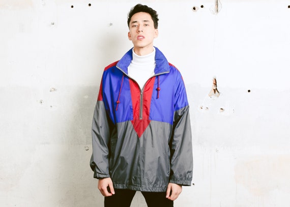 Vintage Rain Jacket . 80s Men Hooded Anorak Jacket Rain Coat
