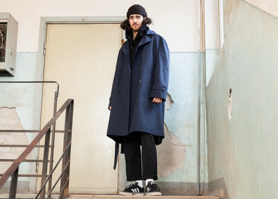 Navy Blue Trench Coat . Vintage Trench Coat Man Co
