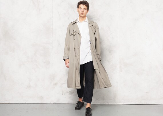 Beige Maxi Trench Coat Vintage 90s Men Trench Coat