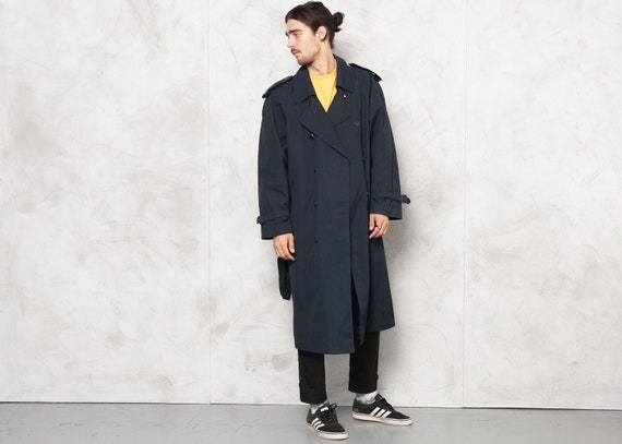 Navy Blue Trench Coat Vintage 90s Mens Double Brea