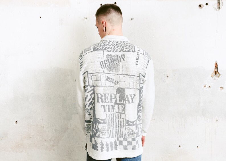 size Large Vintage Men 90s Grey Sports Sweater Long Sleeve Polo Shirt Men Printed Pullover Top Monochrome Rugby Sweatshirt