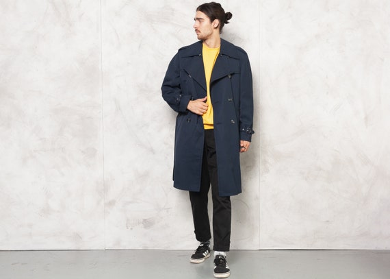 Navy Blue Insulated Trench Coat Vintage 80s Mens D