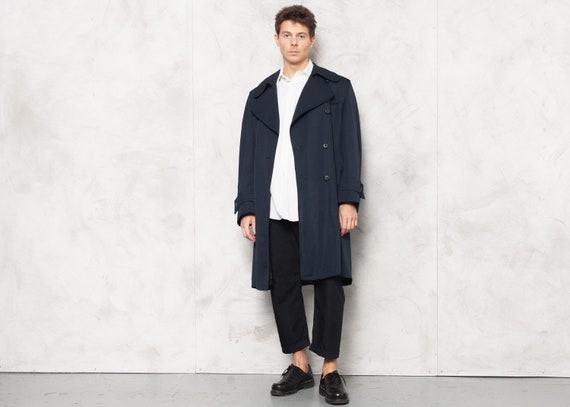 Blue Trench Coat Vintage 90s Mens Double Breasted