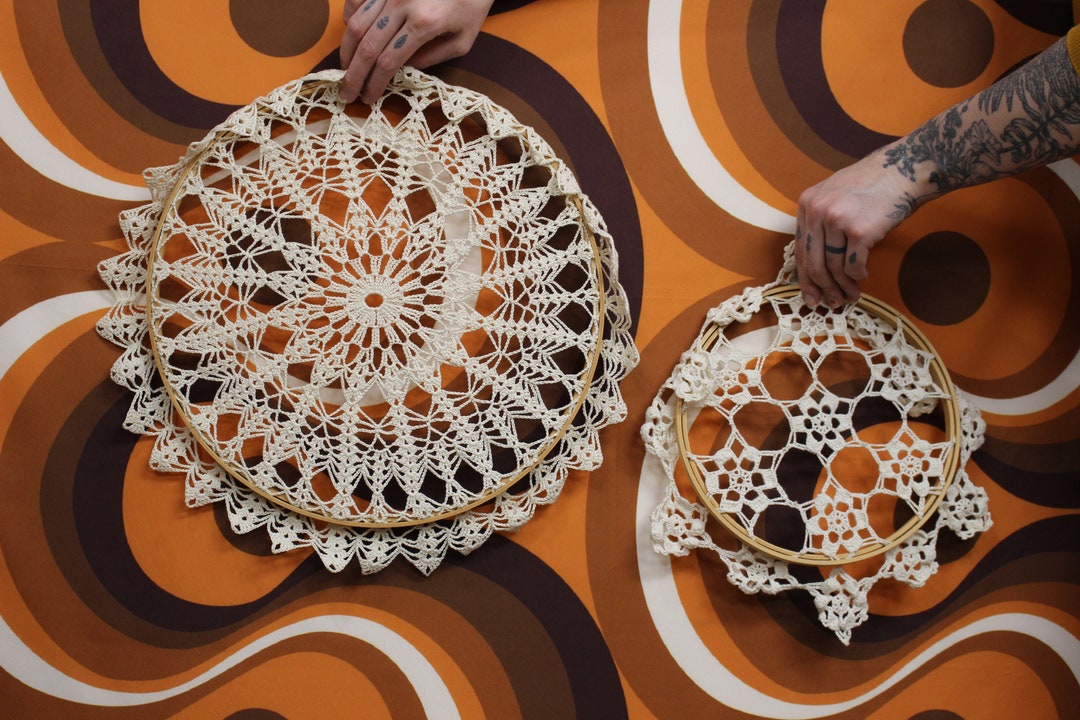 Vintage Pair of Crochet Doilie Hoops Boho Shabby Chic Wall Decor