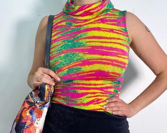 2000s DEAD STOCK Neon Tiger Stretch Skivvy Turtle Neck Y2k