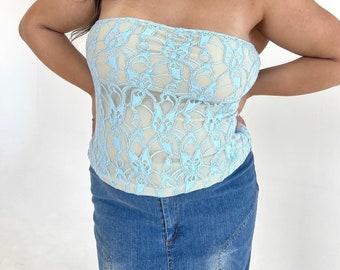 2000s strapless baby blue lace tube top