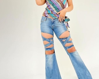 Y2K Deadstock flare leg stretch denim con jeans recortados