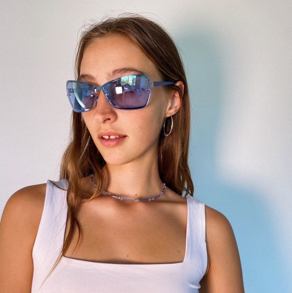 Vintage 90s 2000s Blue Tinted Sunglasses Rimless Sport Deadstock 