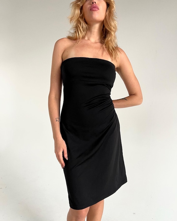 Classic stretch tube Y2K strapless Black boobtube dress LBD 90s Deadstock vintage