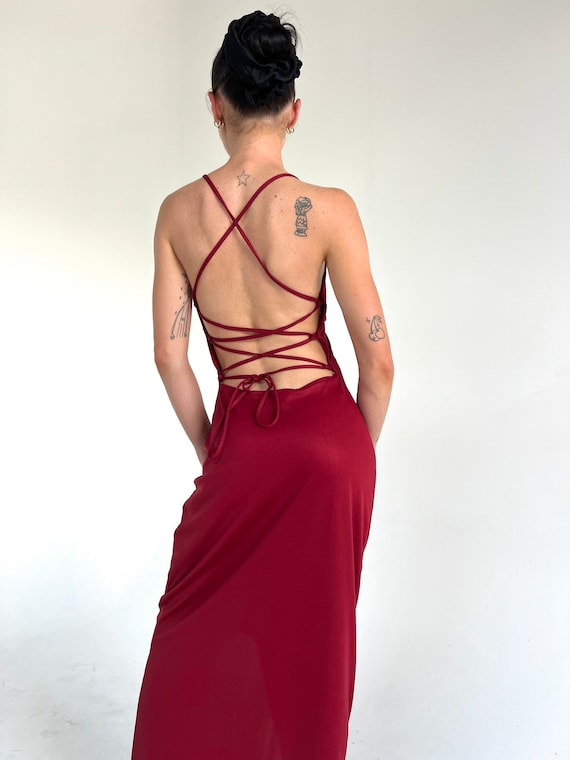 blood red halter dress Buy Backless Lace up Maxi Evening or Event Online in India BIS-05-06-24