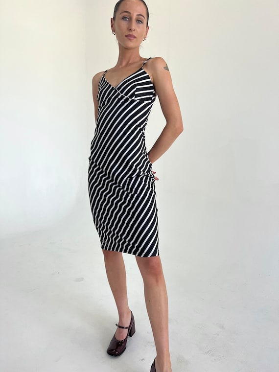 fitted lace wedding dress Black Striped Mock Neck Fitted Midi Dress