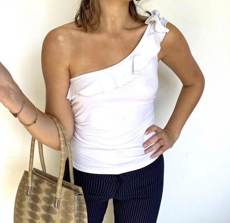 White One Shoulder Frill Top Etsy