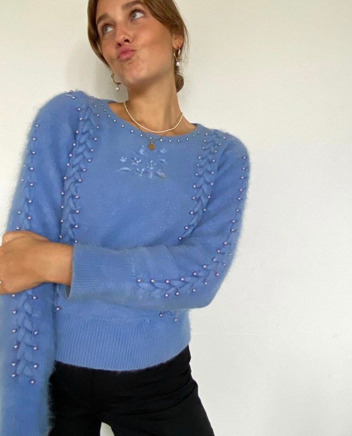 Embroidered Blue Fluffy Jumper With Pearls Etsy