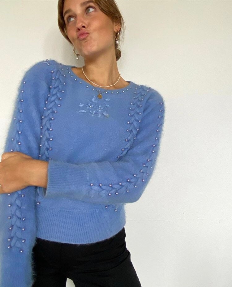 Embroidered Blue Fluffy Jumper With Pearls Etsy